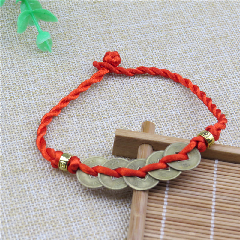 地摊热销铜钱红绳编织手链 开运铜钱脚链 红绳编织铜钱手链-阿里巴巴