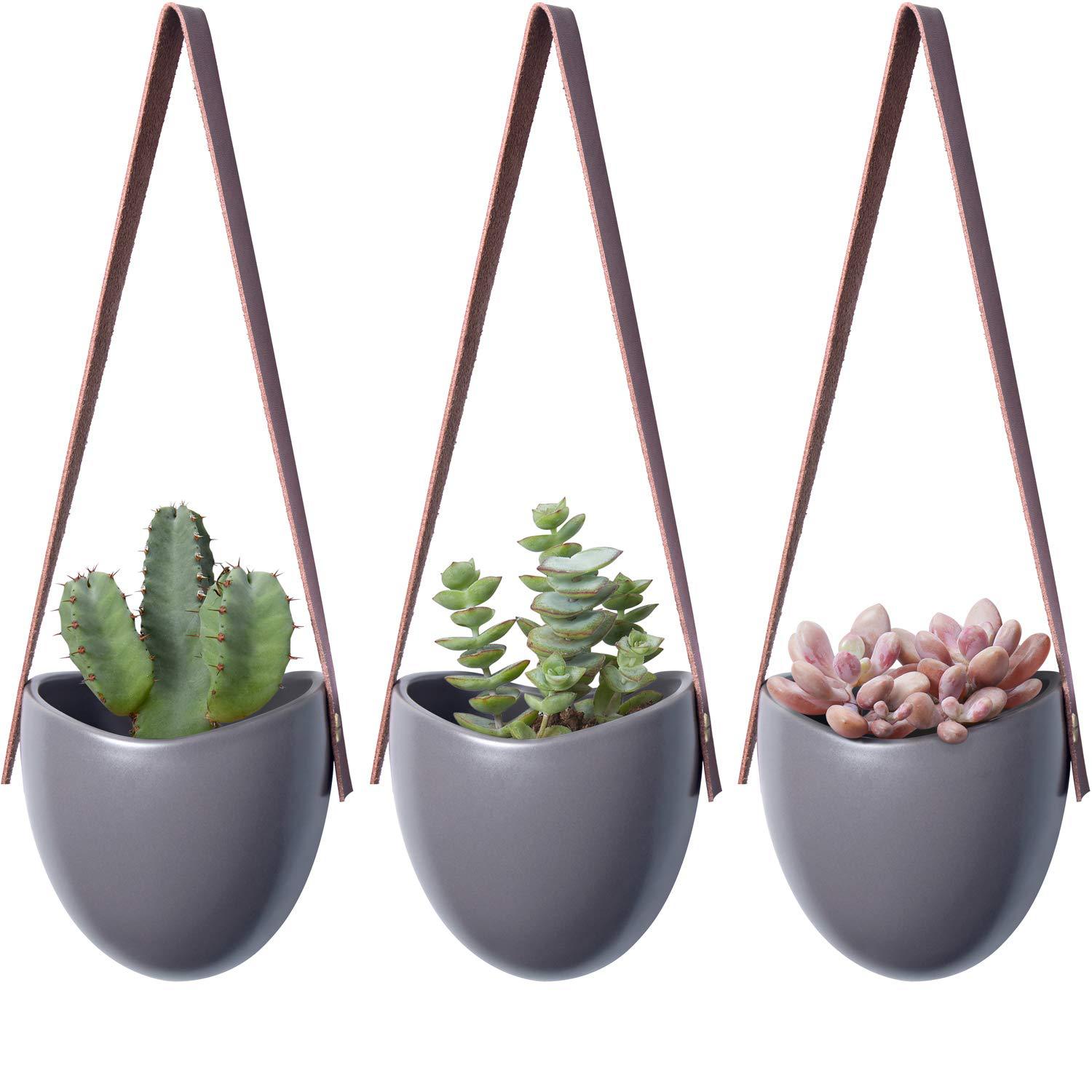 创意绿植物盆栽悬挂式灰色哑光花盆陶瓷麻绳皮绳吊盆壁挂墙面装饰