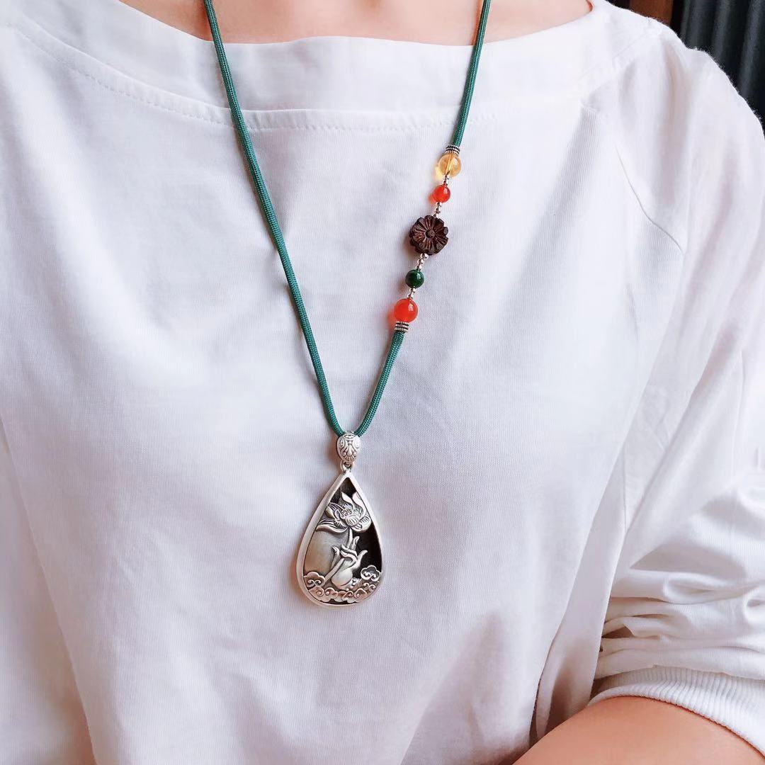 日常搭配时尚毛衣链 新款民族风银质女项链 长款水滴吊坠蜡绳项链