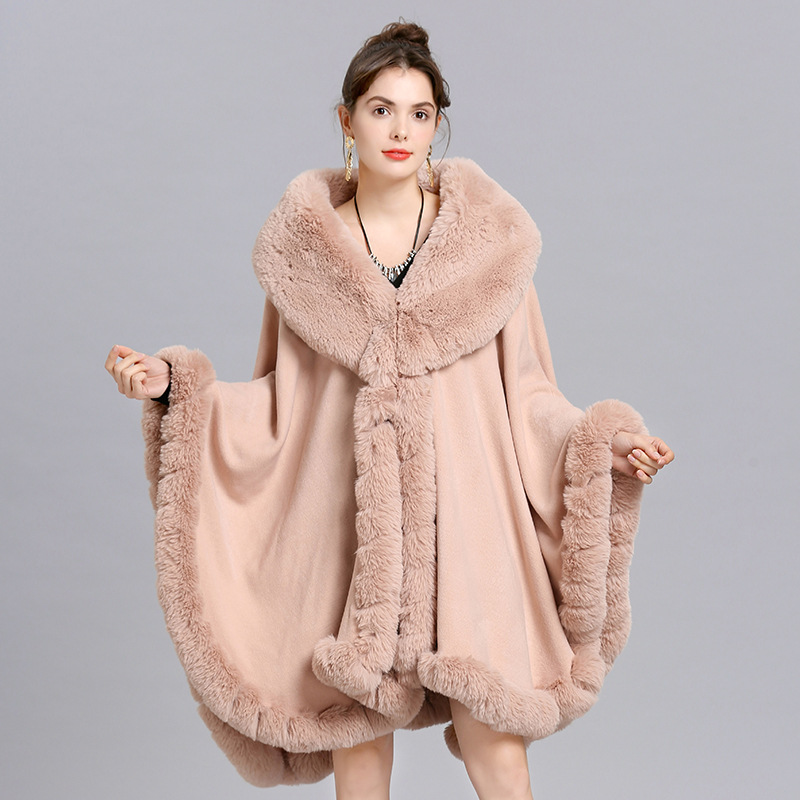 European and American New Large Size Coat Women's Cape and Shawl Loose Faux Fur Collar Knitted Cardigan Shawl Cape 1561#