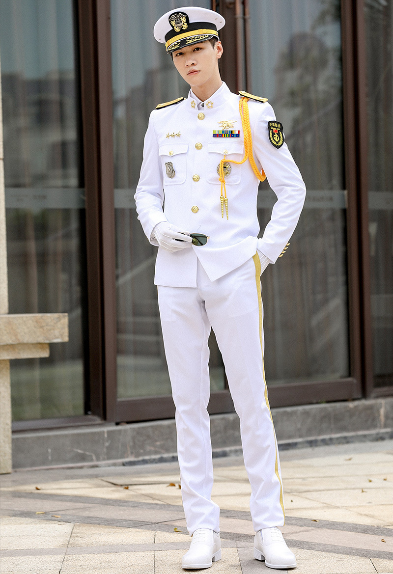 海军风立领单排白色套装船长服海员制服保安工作服套装男厂家现货