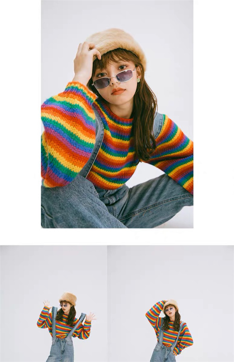 午睡自制日系宽松慵懒风泫雅毛衣女彩虹条纹针织衫2019秋季新款