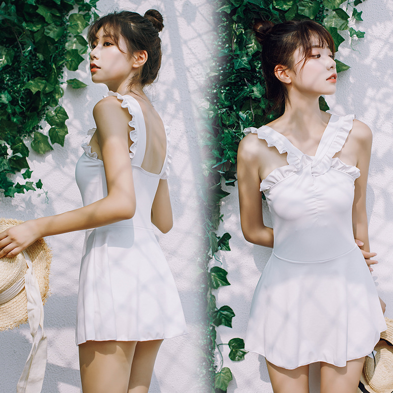 ins网红同款白色纯净连体裙式泳衣 女木耳小飞边韩版三角泳裤温泉