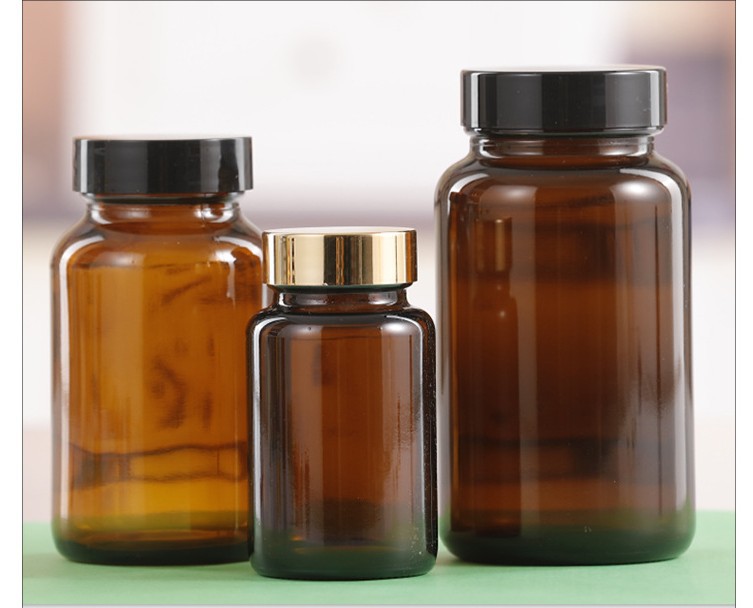 茶色避光钠钙广口玻璃小药瓶保健品胶囊瓶片剂粉末瓶带盖密封空瓶