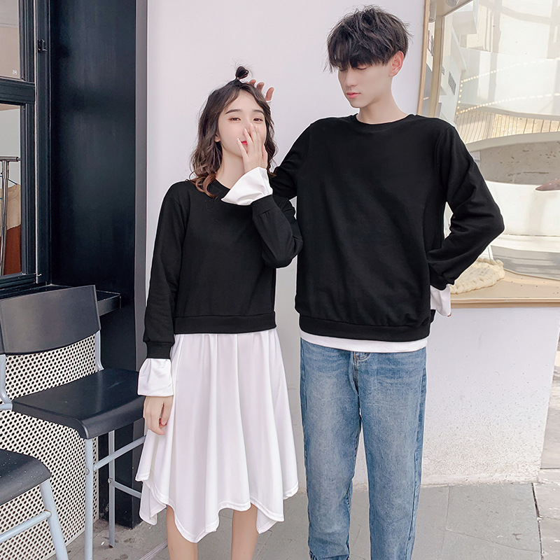 2019新品 情侣装假二件女黑白连衣裙男长袖卫衣