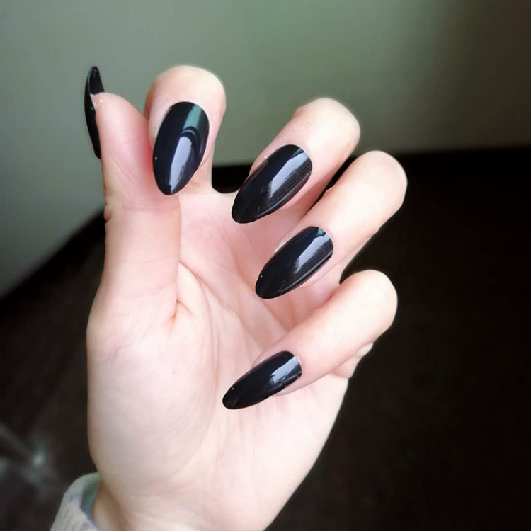 欧美长款纯色甲片 美甲成品 24片穿戴假指甲贴片 尖头黑色假指甲