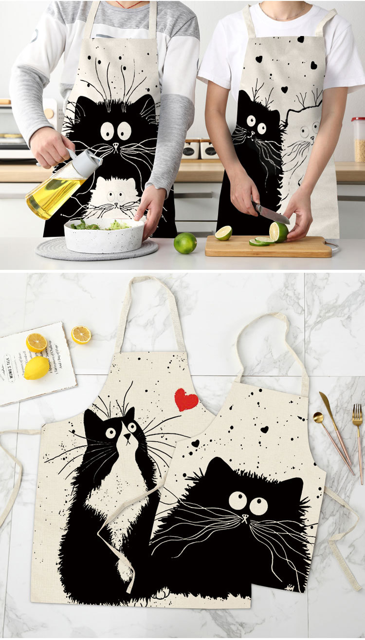 爆款 多功能厨房棉麻 围裙定制 可爱围裙猫咪跨境家居日用