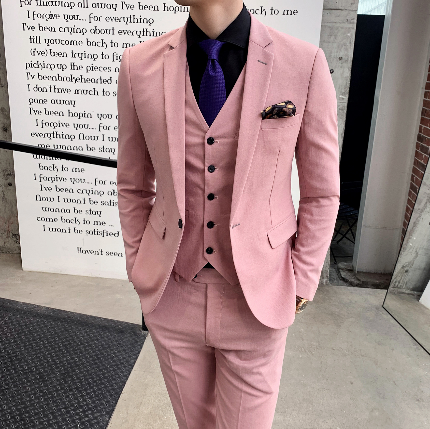 2020春装男式绅士格纹西服三件套男式职业装青年修身西装套装男-报价