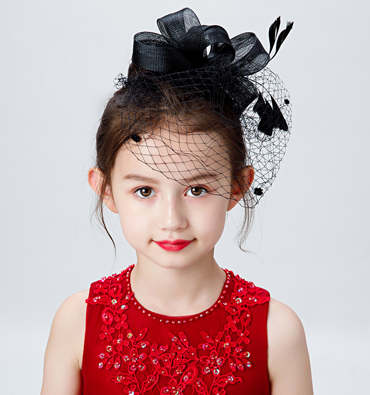 女童黑色羽毛头饰儿童走秀面纱礼帽影楼摄影发饰小朋友公主头饰