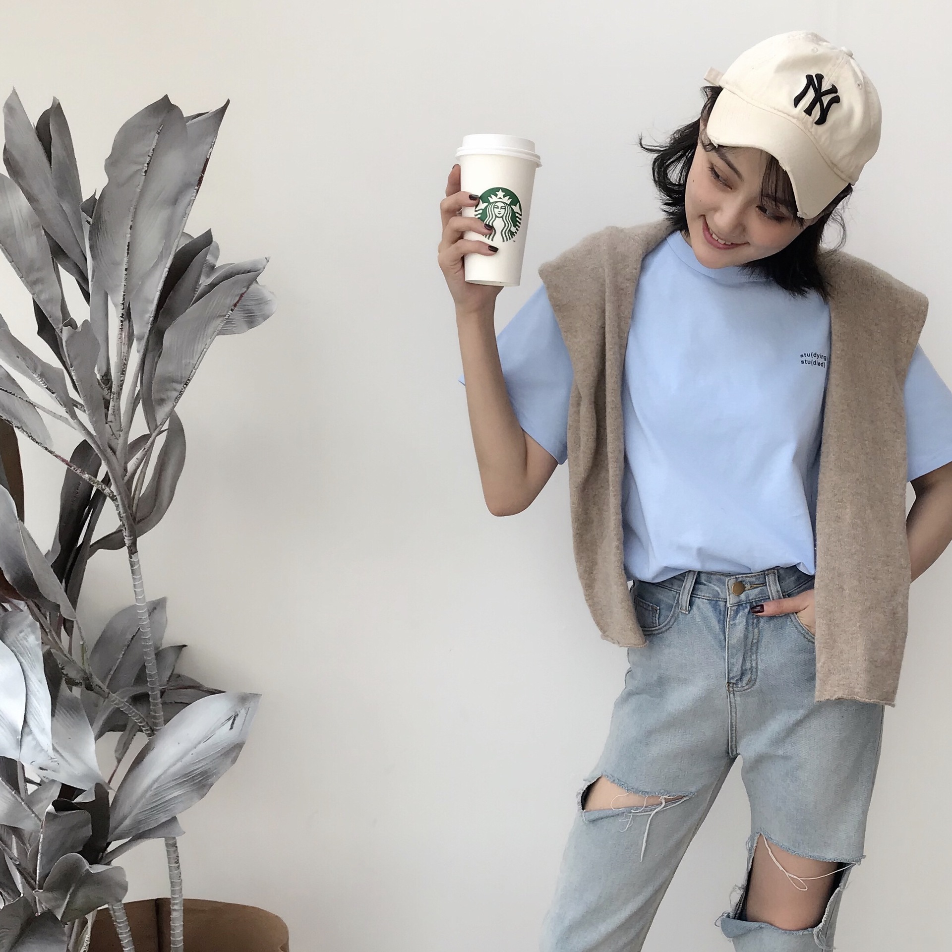 短袖女t恤韩版19春夏新款 简约纯色胸前stu字母印花时尚潮流百搭t