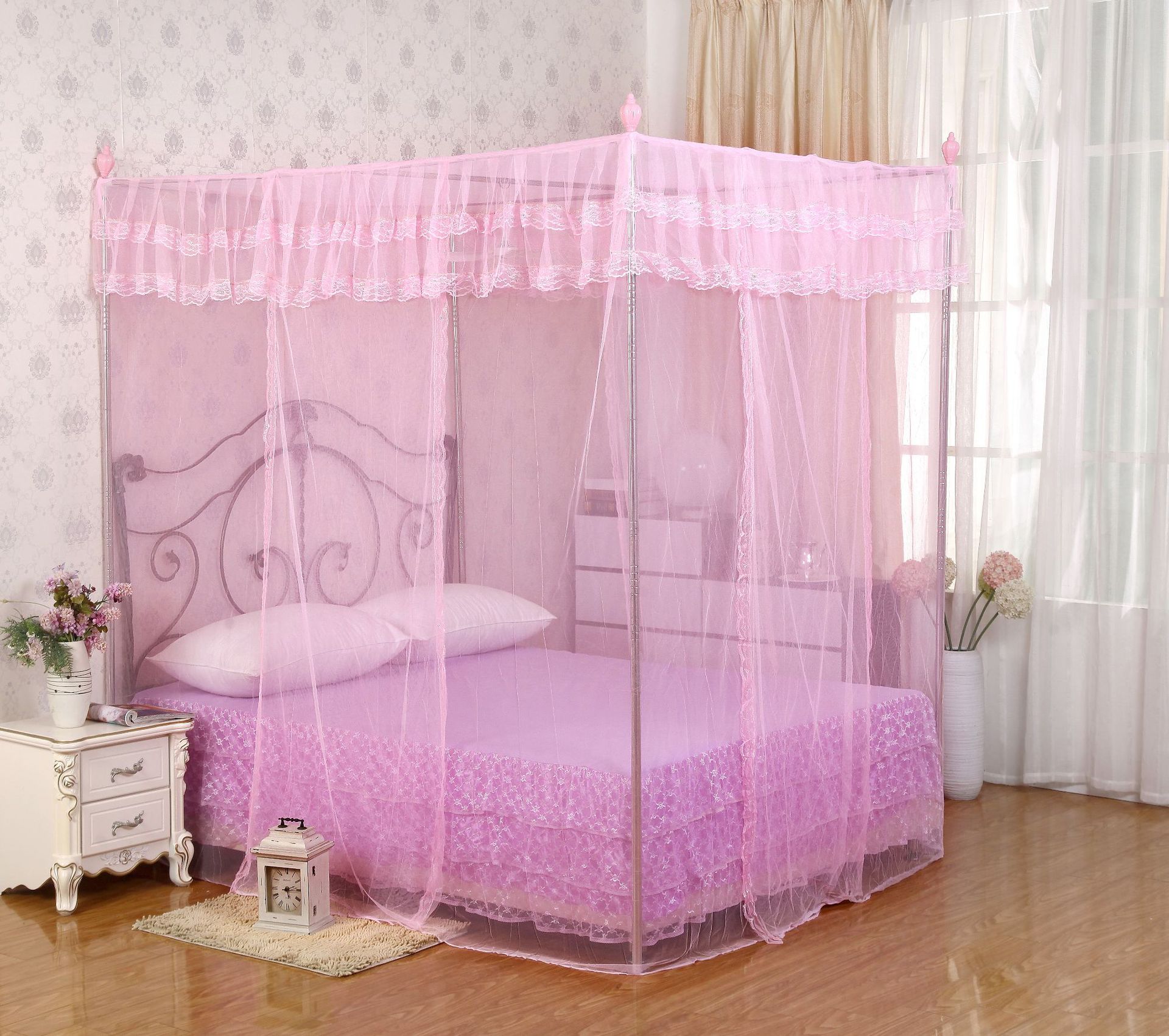 四柱不锈钢落地方顶蚊帐双花边宫廷式加厚加粗加密纯钢带风扇杆