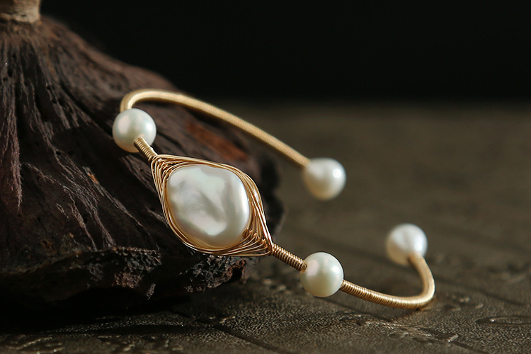 天然淡水异形巴洛克珍珠时尚简约注金超强保色开口手镯批发
