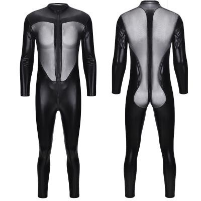 网男士透明漆皮长袖 细网透视拼接男连体紧身连体袜衣拉链