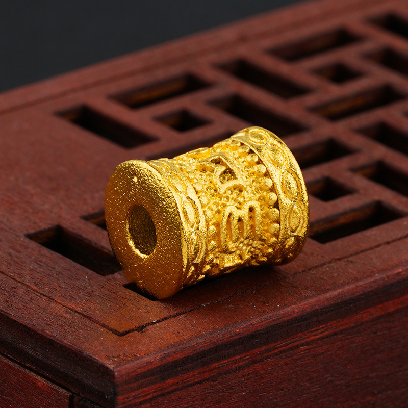 越南沙金六字真言桶珠镀24k黄金diy配件仿3d硬金红绳手串配饰