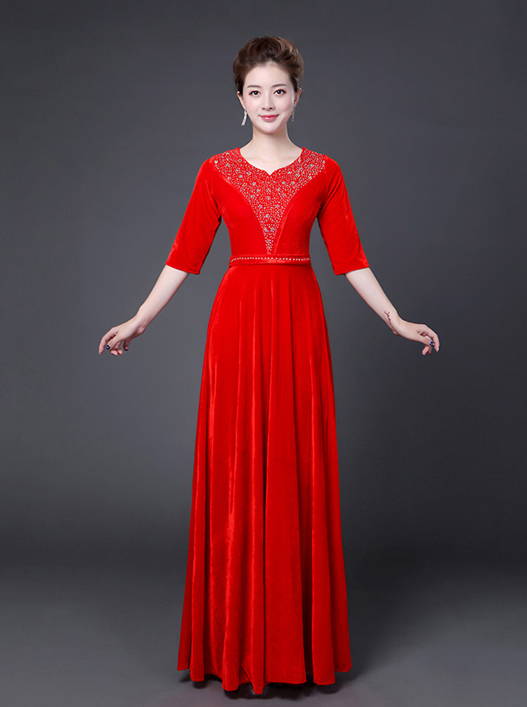 新款大合唱演出服女长裙成人金丝绒连衣裙中老年指挥礼服表演服装