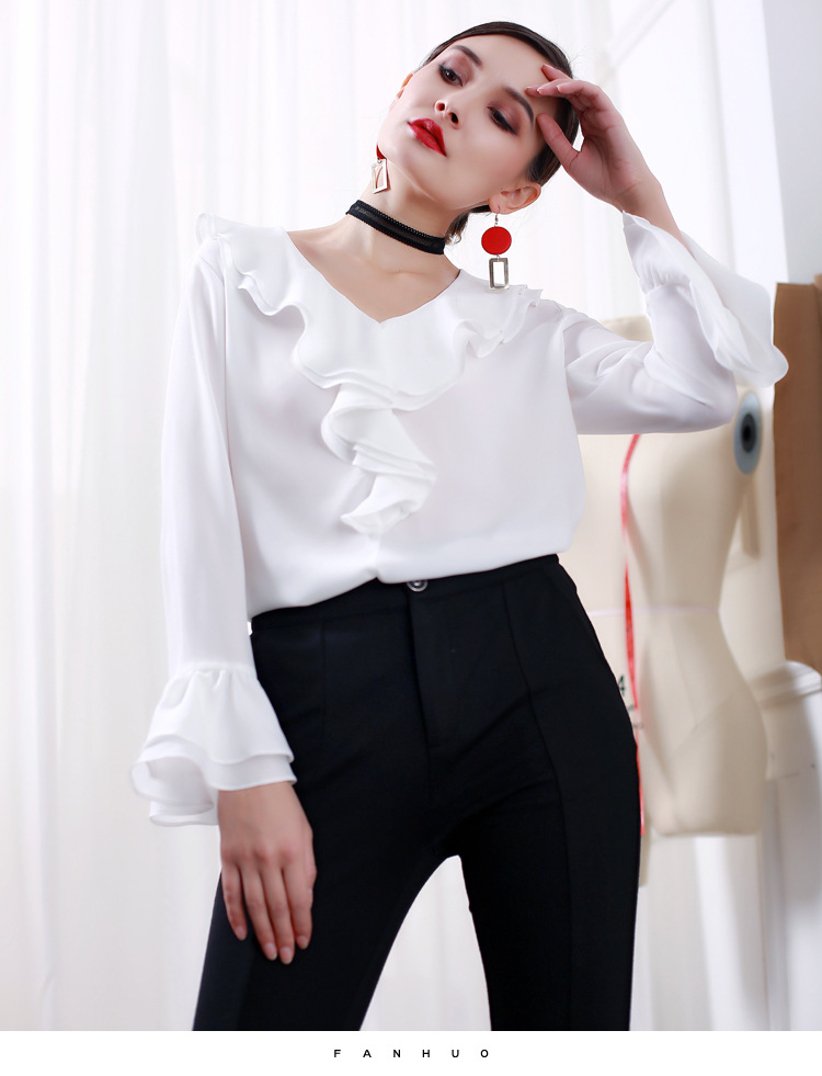 雪纺衫女长袖衬衫上衣v领喇叭袖宽松大码显瘦荷叶边洋气质打底衫