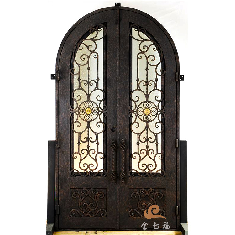 新款美式铁艺弧形玻璃门金七福厂家销售高档金属别墅平开防盗铁门