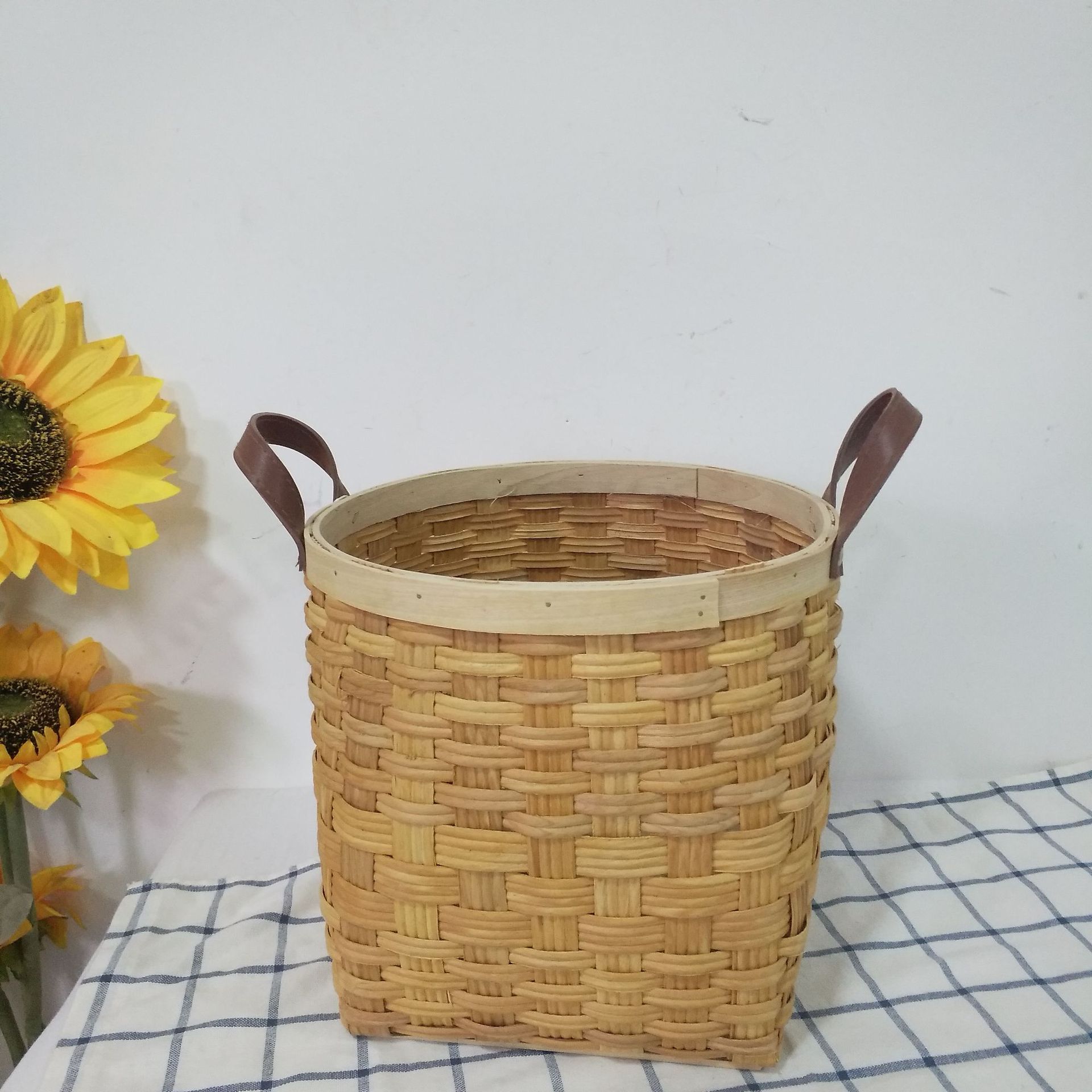 工厂直销木片编织双pu手把木片收纳篮子脏衣篮家居杂物收纳筐子