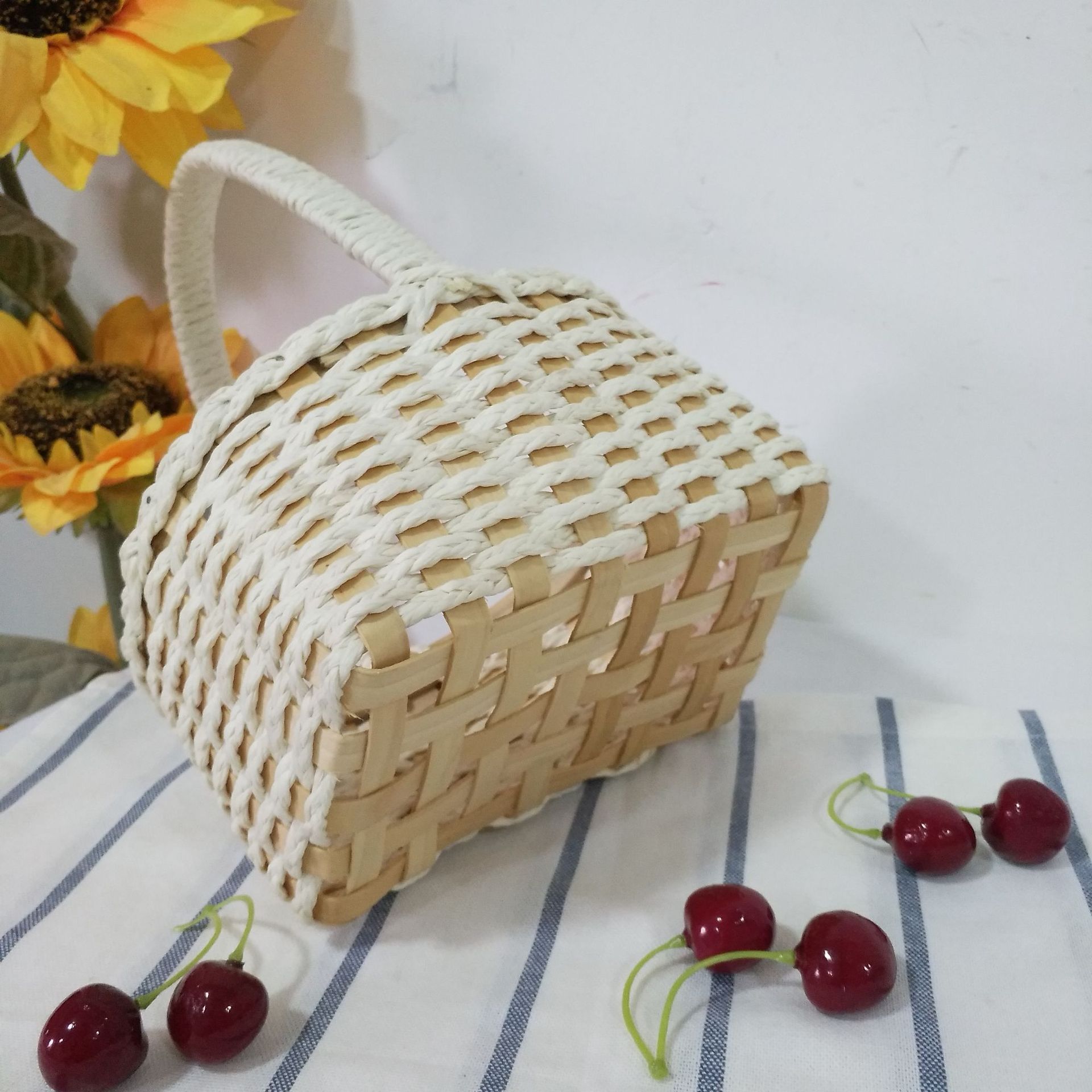 木片纸绳混编织手提礼品包装篮子插花篮子杂物收纳篮子