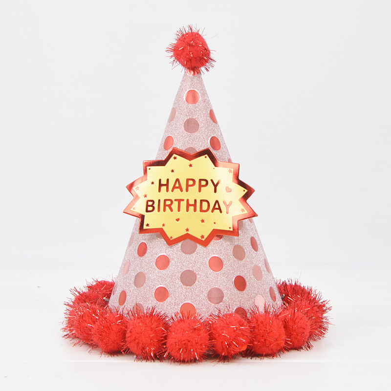 Creative Birthday Hat Adult and Children Baby Birthday Party Hat Pompons Decorative Pointed Paper Hat Factory Wholesale