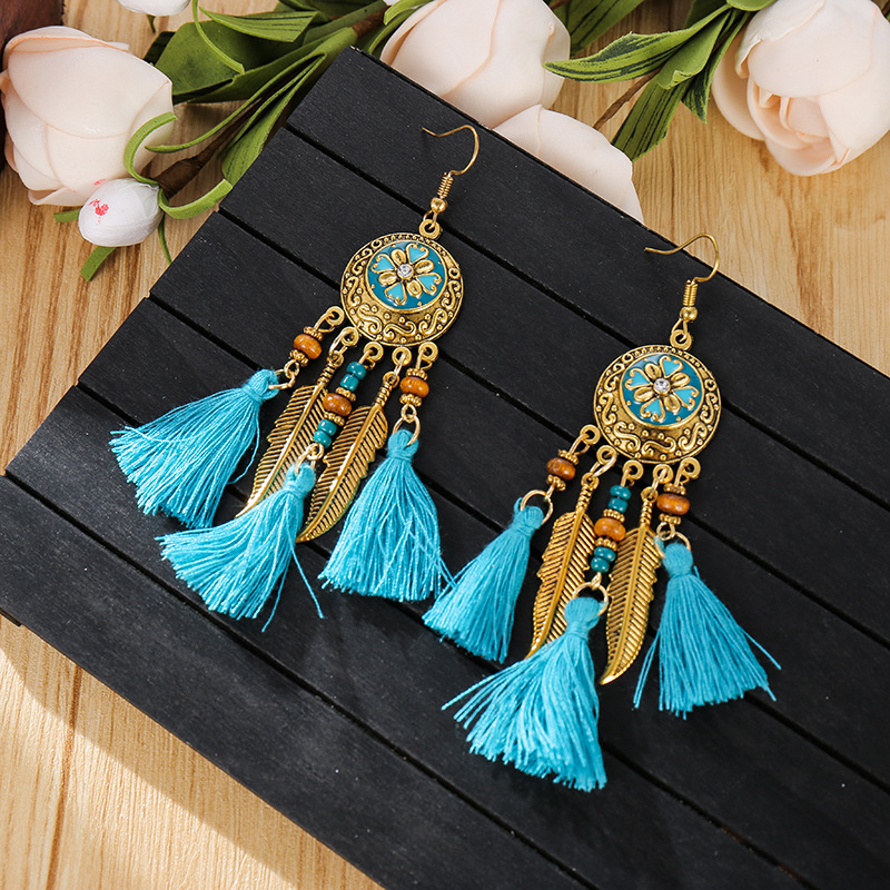 Retro Style Palace Long Tassel Bead Earrings round Carved Painting Oil New European and American Earrings Ethnic Style Jewelry