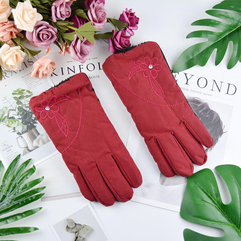 女士可爱绣花花朵手套 秋冬季成人骑行户外运动防滑防风保暖手套
