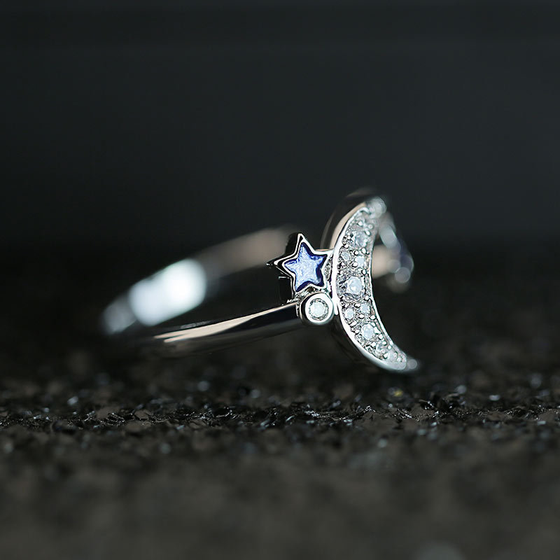 日韩小清新饰品 开口可调节锆石星月戒指 生日礼物送女友一件代发