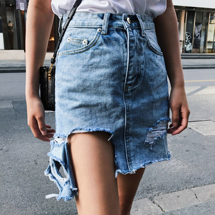 休闲破洞牛仔短裙 2019夏季新款高腰牛仔a字裙时尚女款裙子