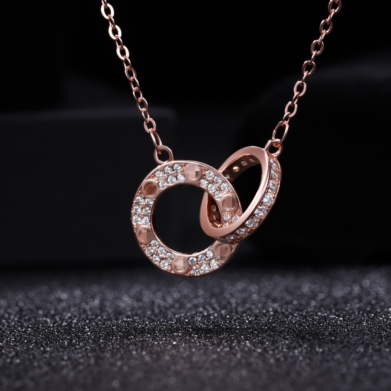 s925银项链女 卡家双环相扣玫瑰金闪亮镶钻chic项链锁骨链