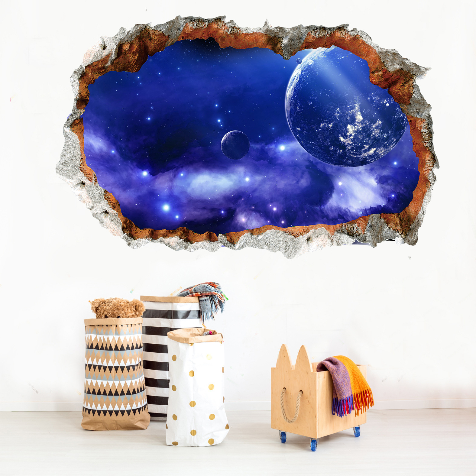 昆尚新款乙丙烯墙贴3d破墙星球空客厅卧室儿童房环保装饰画ks6644