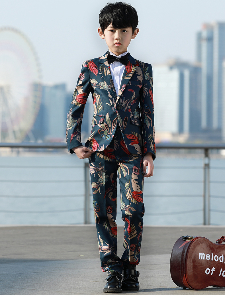 印花男童西装套装韩版花童礼服男走秀表演儿童礼服中大童小西装