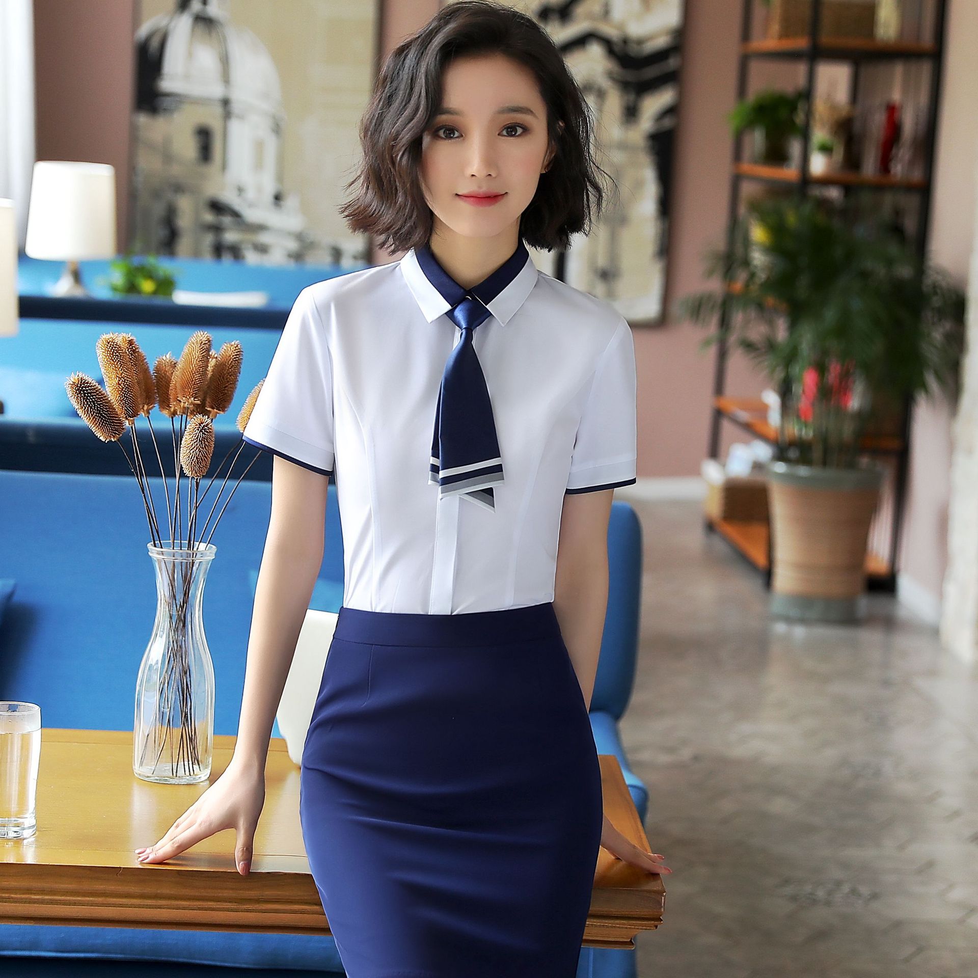 时尚大码女装ol职业女装套装正装女士工作服工装v领短袖职业衬衫0