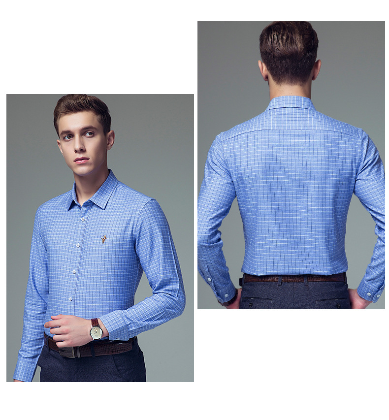 牛仔蓝色衬衫2021春秋款衬衣格子休闲男式衬衣长袖英伦风腈纶衬衫