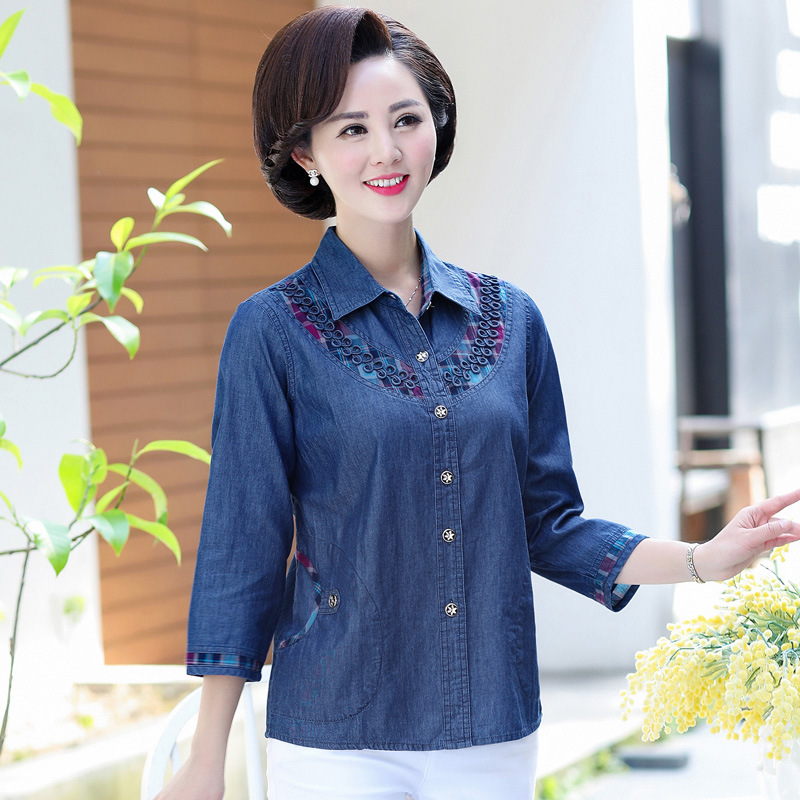 中老年女装宽松大码牛仔上衣春夏装七分袖中年人衣服纯棉妈妈衬衫