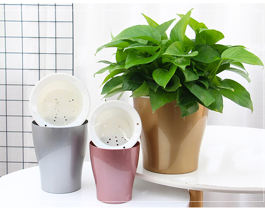 若澜园艺 懒人花盆仿金属新款土豪金亮色自吸水棉绳塑料花盆批发w