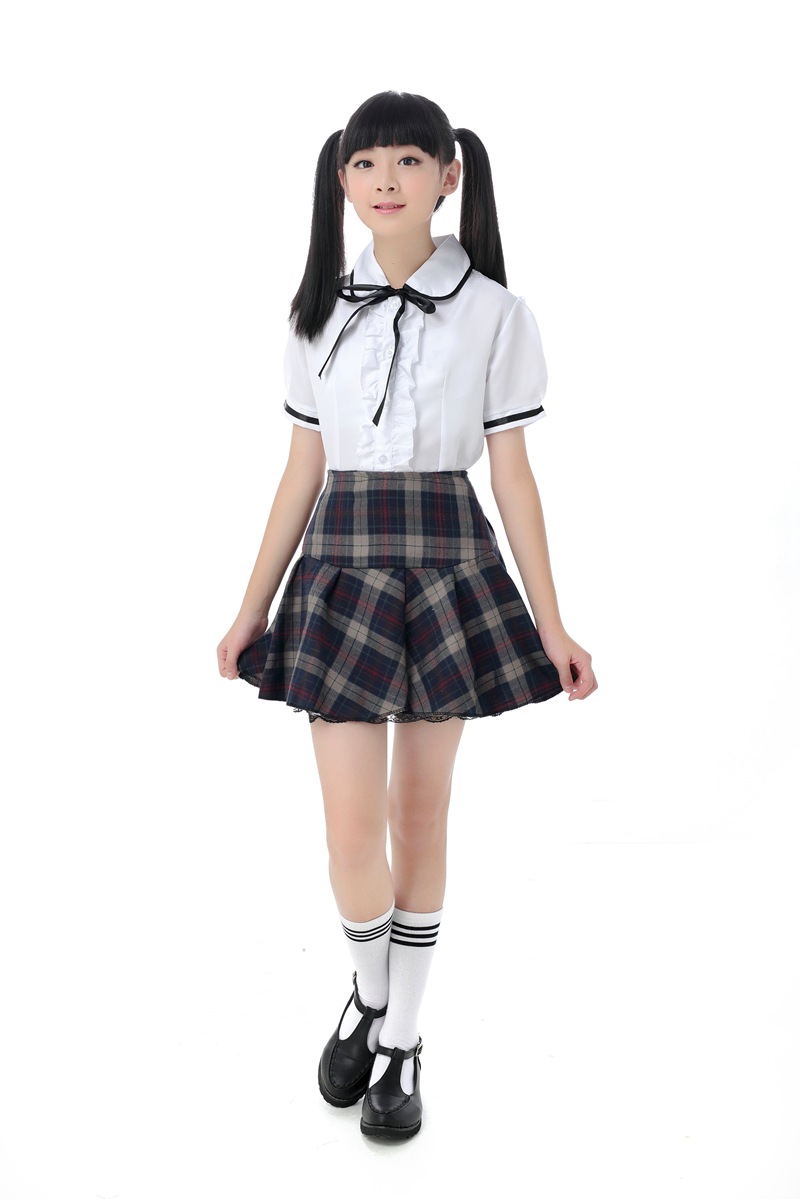 白色分体英伦格子裙校服演出服合唱服短袖黑边女套装班服演出c29