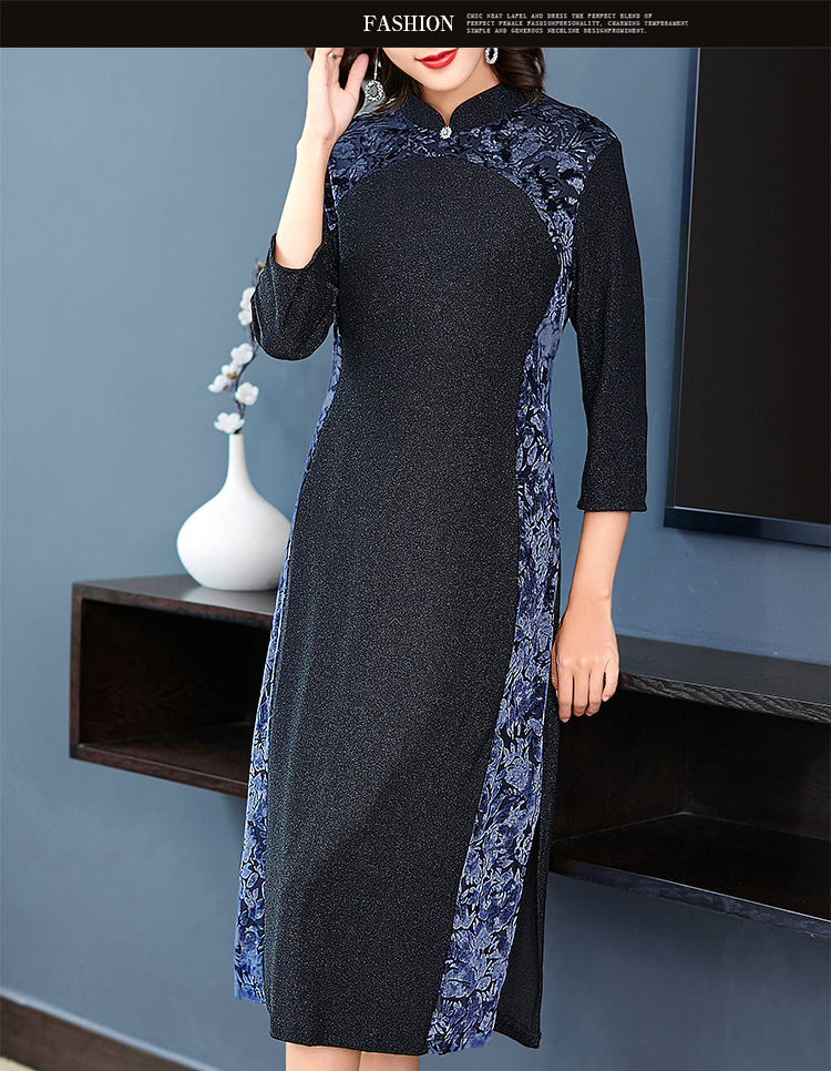 sm-190834-1秋季新款改良旗袍领国风复古修身显瘦拼接中长a字裙