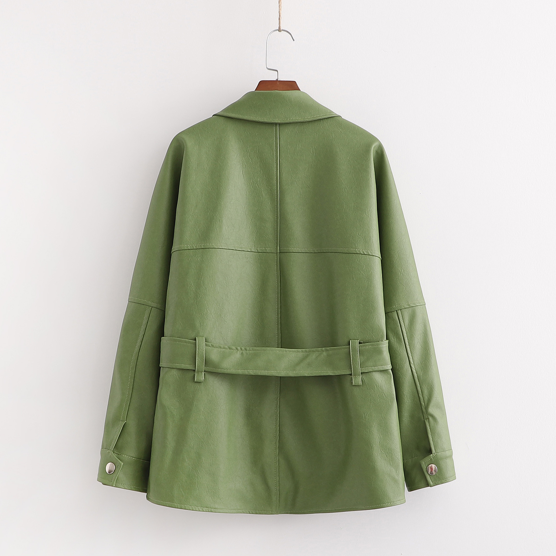 2020春速卖通女装三色收腰系带短款皮夹克皮衣外套