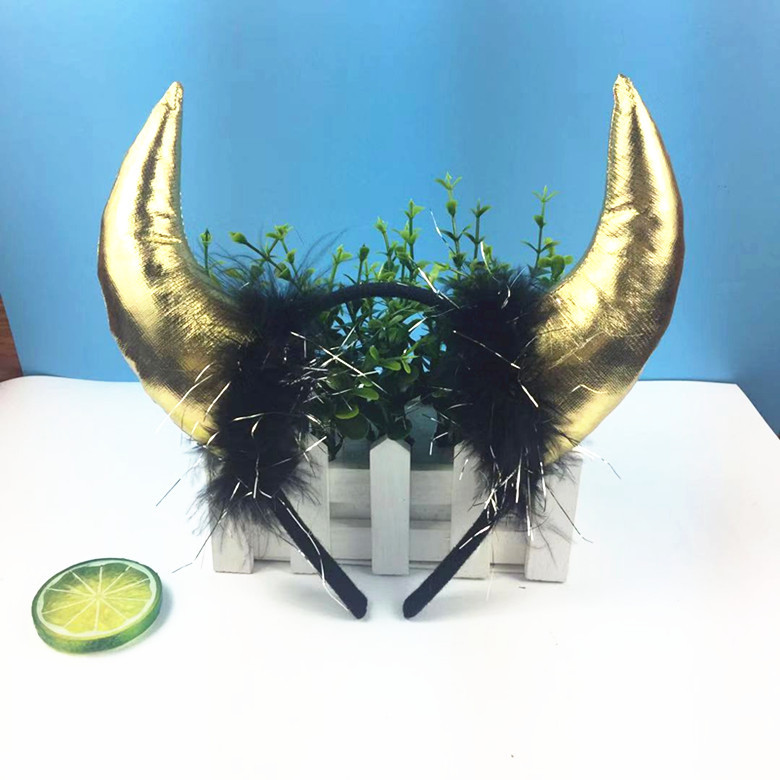 万圣节牛角头箍节日派对化妆舞会表演搞怪道具烫金牛角头扣