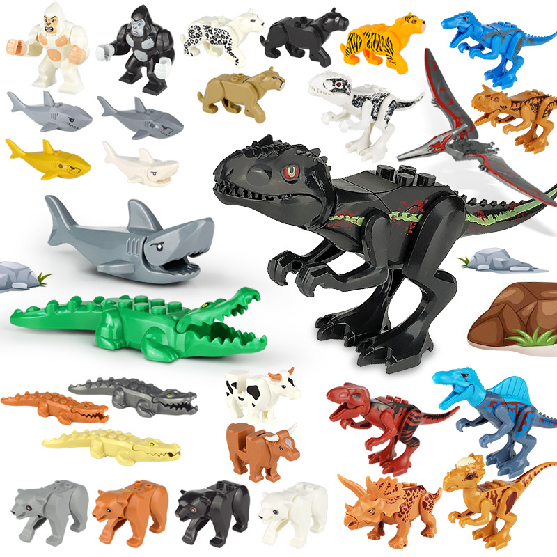 齐全香江裸包jlb积木动物恐龙大猩猩鳄鱼牛老虎鲨鱼儿童玩具jm014