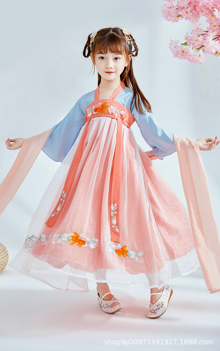 夏季汉服女装襦裙 女童抖音汉服刺绣齐胸大摆汉元素加长古装