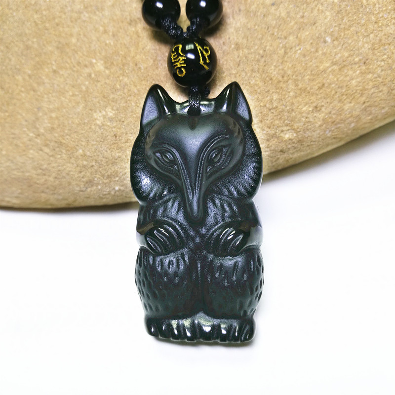 黑曜石狐狸吊坠避小人灵狐挂件男女款狐狸项链