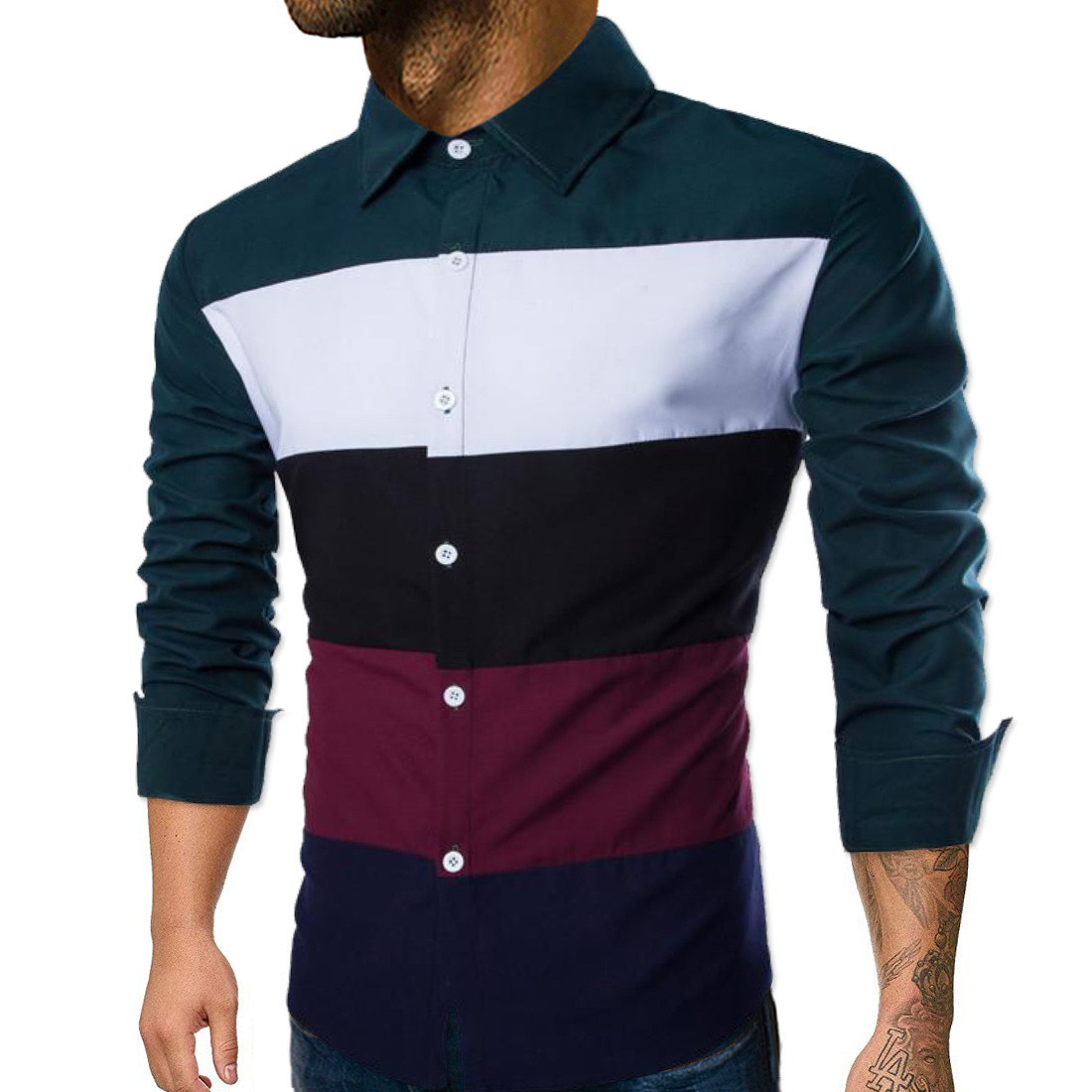 2019新款外贸时尚彩色条纹男款衬衫 英伦拼色长袖衬衣 j-y097