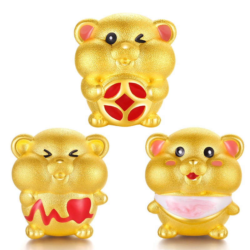 老挝砂金镀3d黄金色本命年老鼠转运珠元宝心动bb鼠手链手串路路通