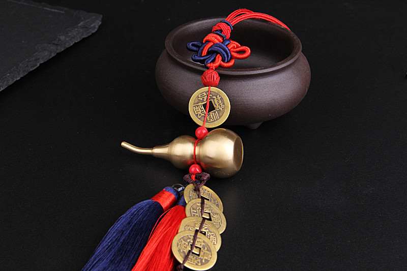 厂家直销好运铜葫芦车挂风水汽车挂件黄铜五帝钱挂件汽车装饰品