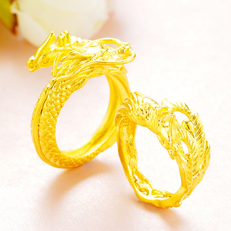 纯铜镀24k黄金婚庆龙凤开口情侣戒指 跨境爆款沙金男女龙纹对戒