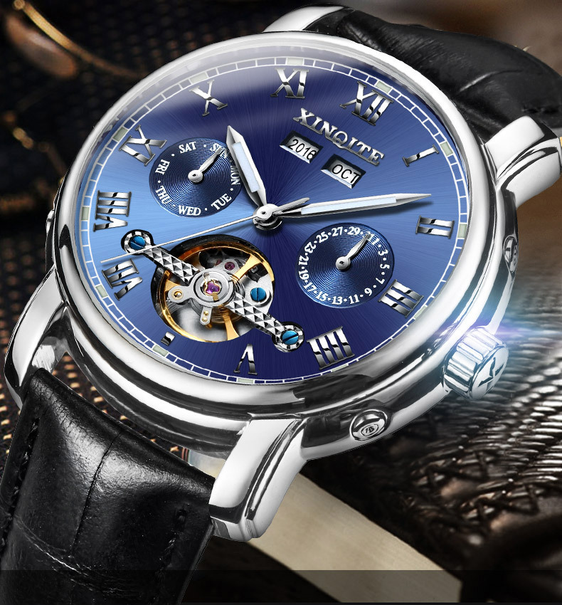 新奇特手表男士全自动机械表真皮带时尚镂空夜光防水大表盘男表