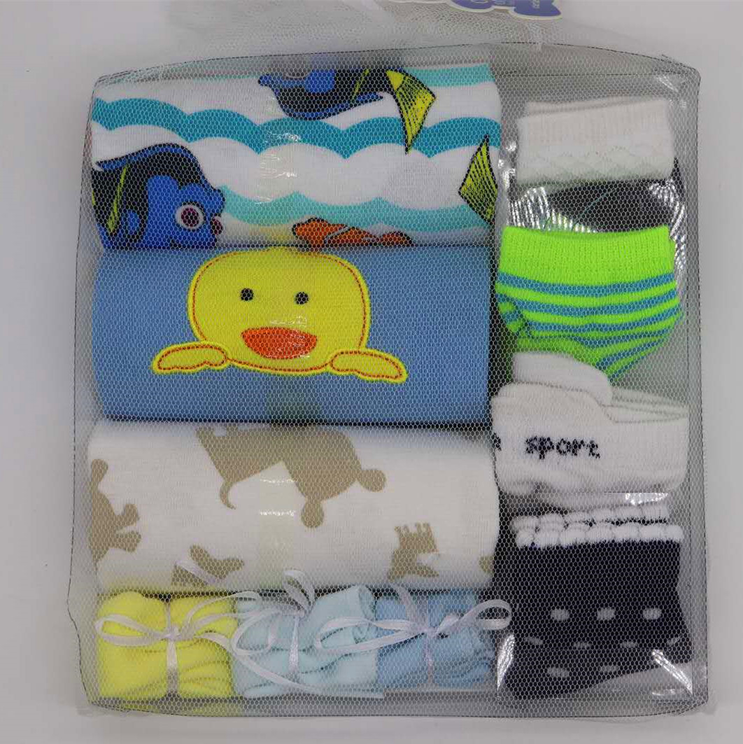 10 PCs Set Gift Box Net Bag Pure Cotton Short Sleeves for Baby and Infants Rompers Jumpsuit 3 Pieces 4 Pairs Socks 3 Handkerchief Towels