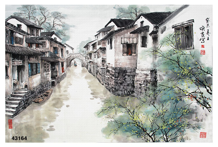 中式风景水墨画客厅壁纸餐厅火锅饭店背景墙江南水乡大型壁画墙纸