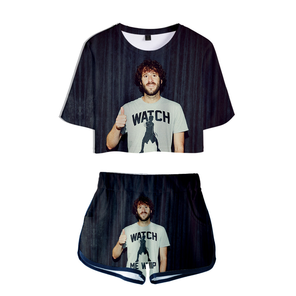 跨境专供热销 lil dicky说唱歌手数码印花3d短袖露脐t恤短裤套装
